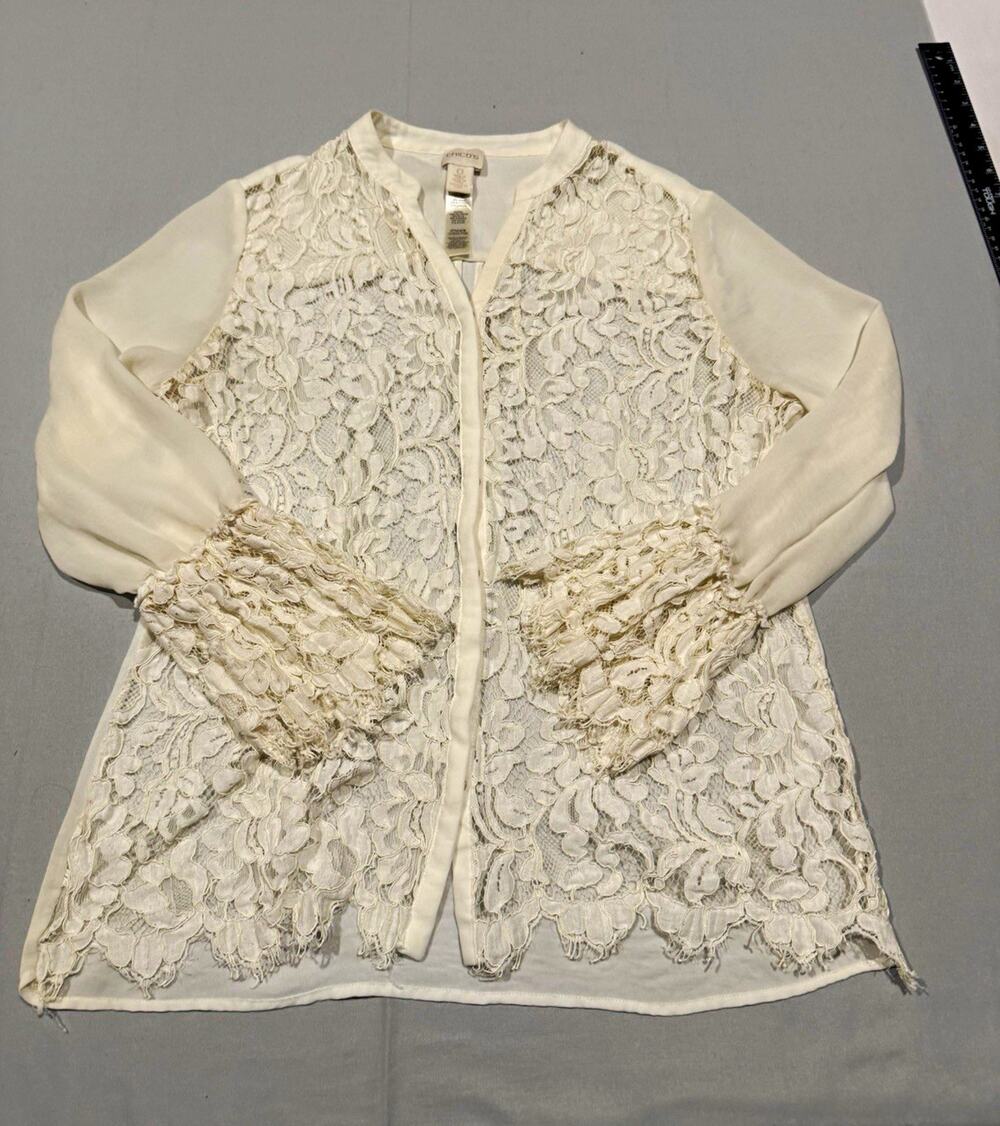 Chico's White Floral Lace Sheer Open Front V-Neck Blouse Long Sleeve Size 0